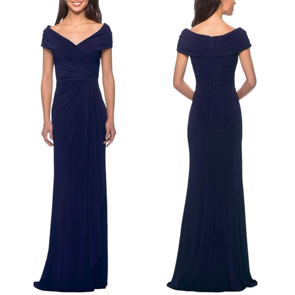 LA FEMME Off Shoulder V Neck Long Sheath Jersey Gown. Size 20